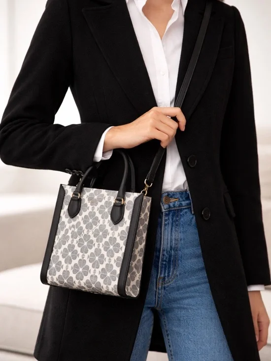 Kate Spade Mini Tote Bag Black & White Floral Canvas Crossbody - Picture 2 of 6